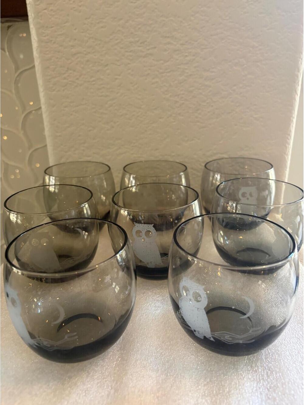 Set Of 8 Vintage Roly Poly Glasses With Owls And Moon Smokey Color